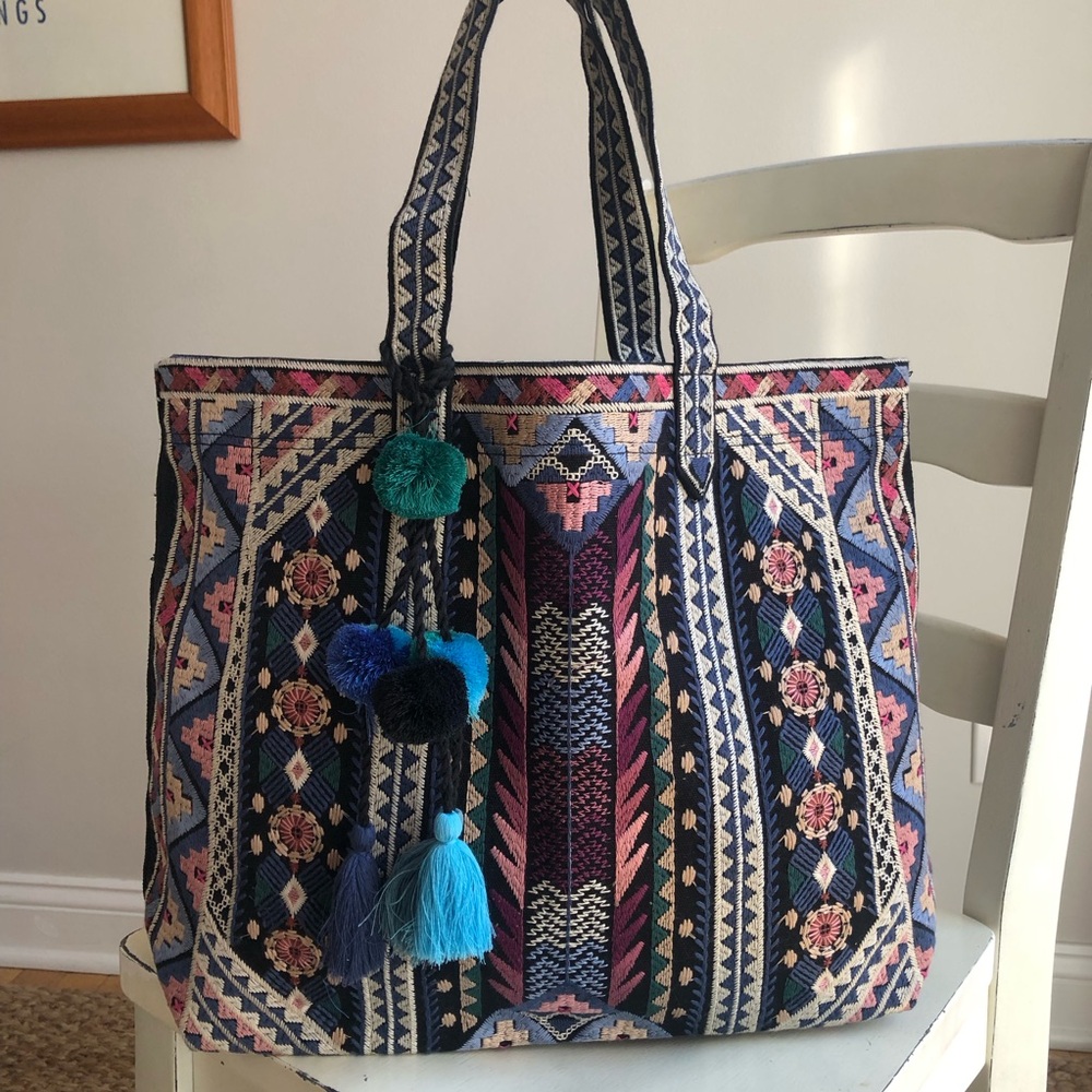New: Johnny Was Embroidered Tote with Pom Tassels - Picture 2 of 14